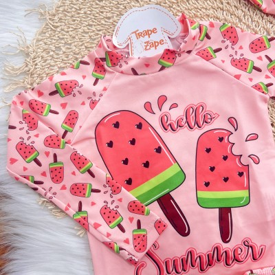 Linha Praia - Blusa com Proteção UV50+, Bucket e Calcinha - Hello Summer - Rosa